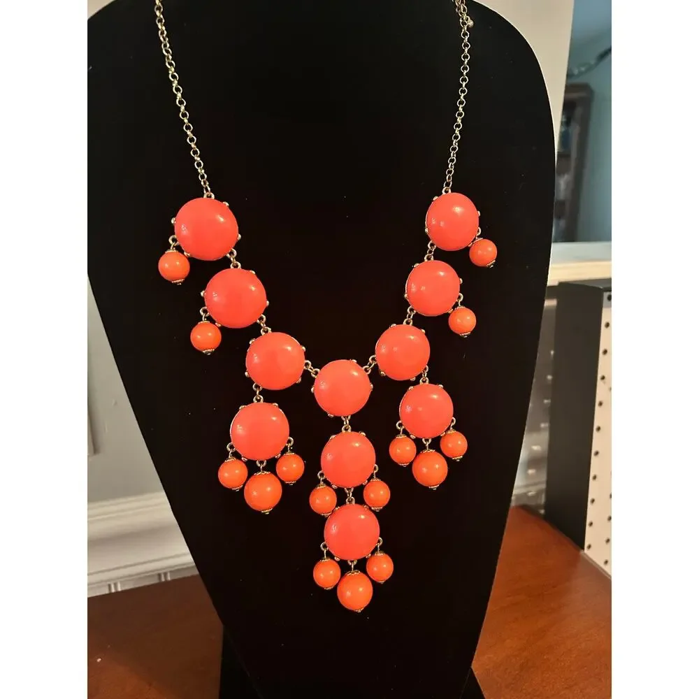 J Crew Tangerine Orange Bubble Necklace Gold Tone Chain Statement 24 Inch